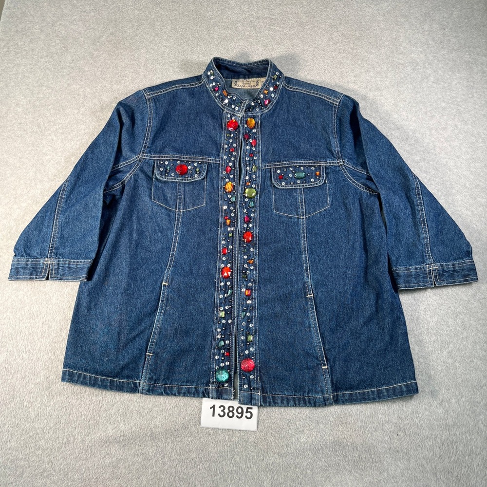 Life Style Embellished Denim Jacket Womens 2X Blue Cotton Rhinestone Beaded